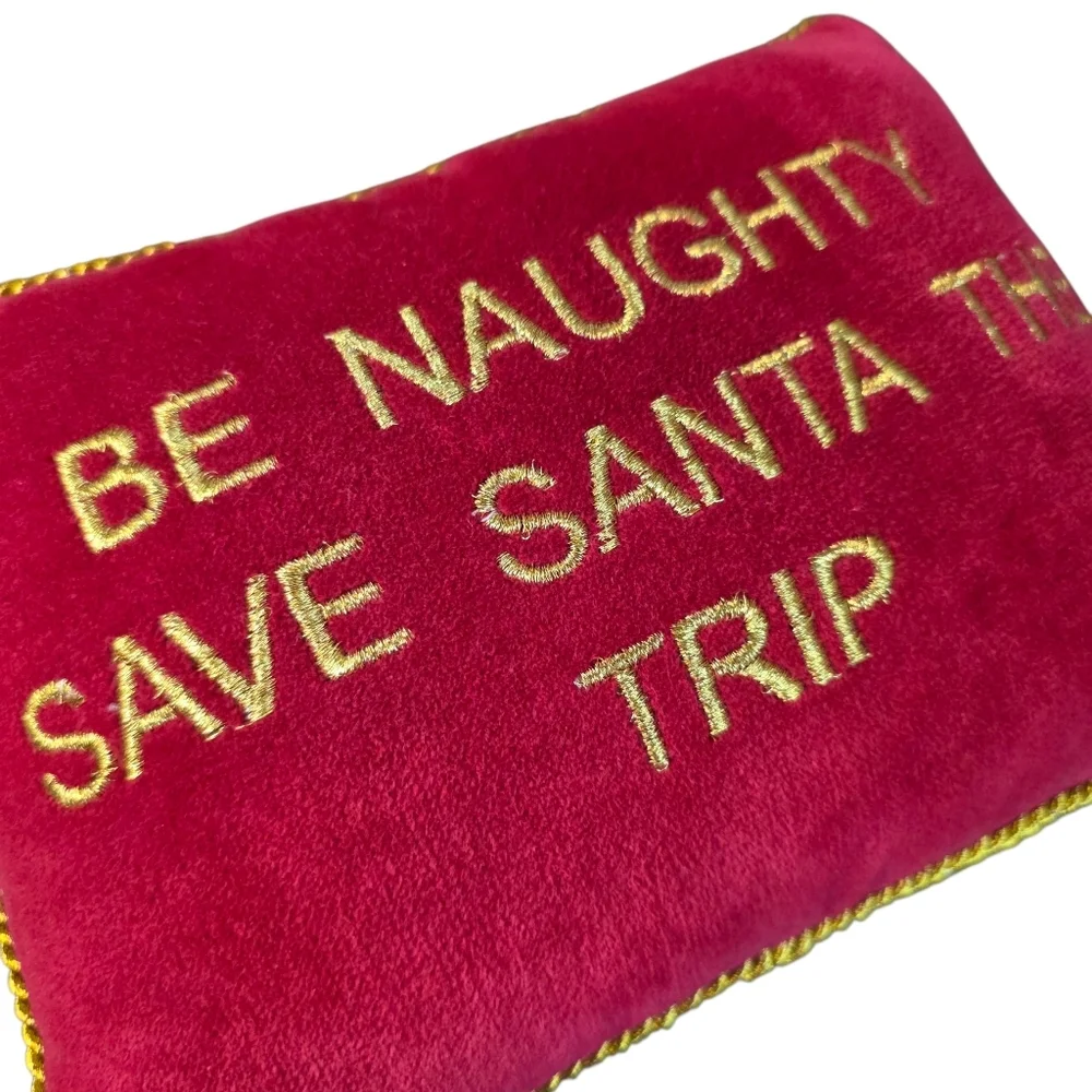 Velvet Red Christmas Accent Pillow Gold Embroidered Naughty Holiday Decor